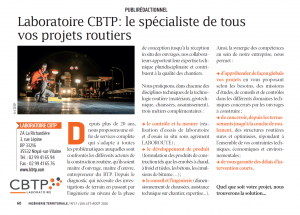  Laboratoire CBTP présent dans le magazine de l’Ingénierie Territoriale n°17 (juillet-août 2016).